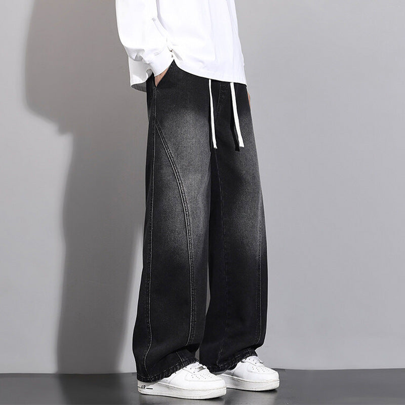 Jeans Men Autumn Winter Loose Straight Leg Pants Vintage Wide Leg Pants Men Youth Asymmetric Deconstruction Trousers
