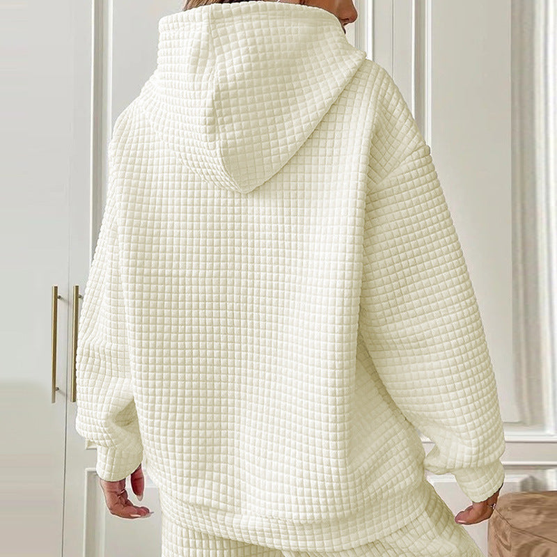 Waffle hooded long sleeved heart-shaped printed sweatshirt