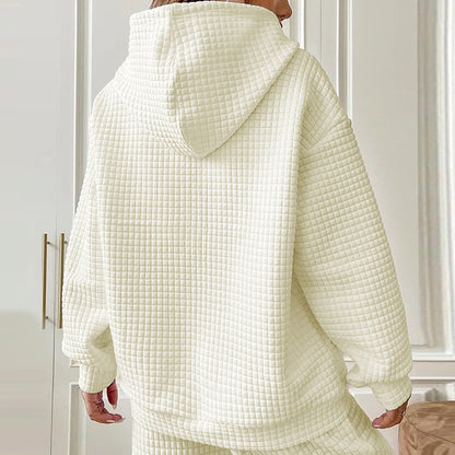 Waffle hooded long sleeved heart-shaped printed sweatshirt