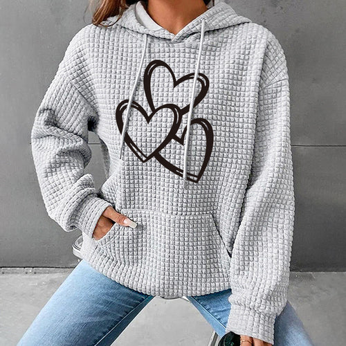 Waffle hooded long sleeved heart-shaped printed sweatshirt