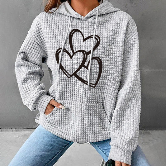 Waffle hooded long sleeved heart-shaped printed sweatshirt