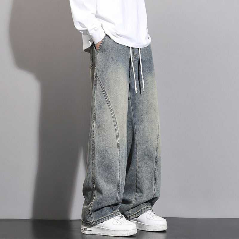 Jeans Men Autumn Winter Loose Straight Leg Pants Vintage Wide Leg Pants Men Youth Asymmetric Deconstruction Trousers