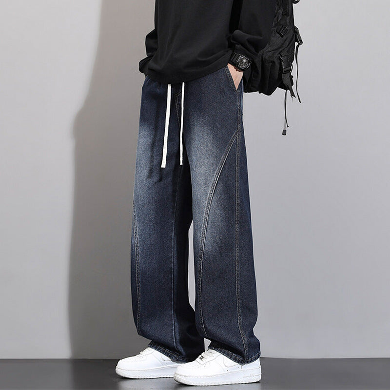 Jeans Men Autumn Winter Loose Straight Leg Pants Vintage Wide Leg Pants Men Youth Asymmetric Deconstruction Trousers