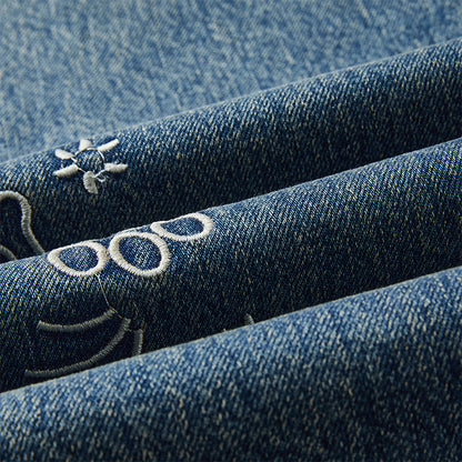 Dog Embroidered Wide Leg Jeans