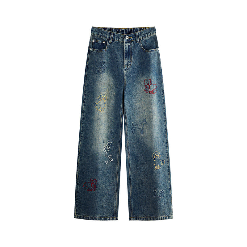 Dog Embroidered Wide Leg Jeans