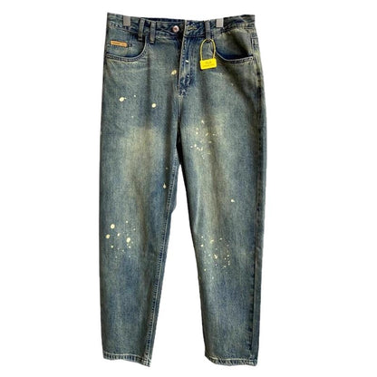 Style Winter Casual Streetwear Washed Vintage Splatter Denim Pants Men Straight Loose Oversize Versatile Tapered Jeans