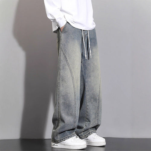 Jeans Men Autumn Winter Loose Straight Leg Pants Vintage Wide Leg Pants Men Youth Asymmetric Deconstruction Trousers