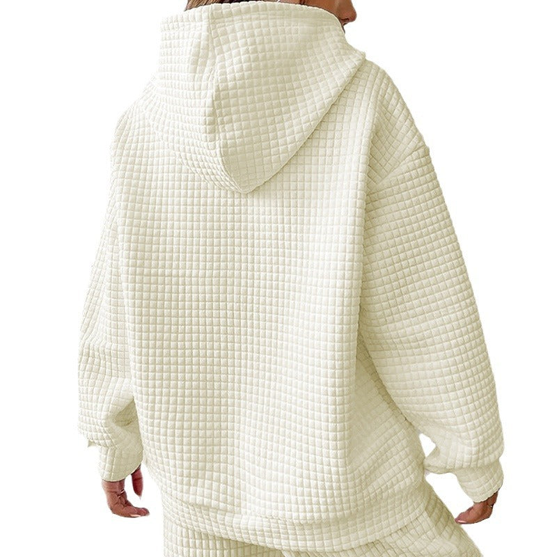 Waffle hooded long sleeved heart-shaped printed sweatshirt