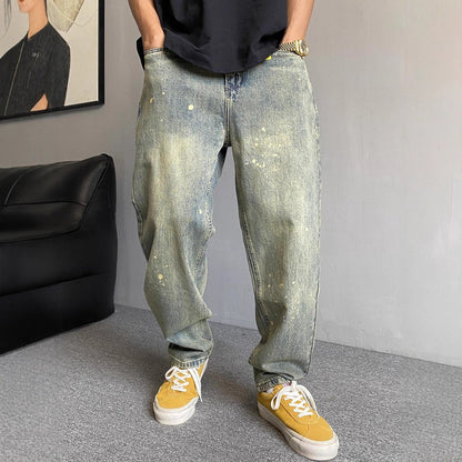 Style Winter Casual Streetwear Washed Vintage Splatter Denim Pants Men Straight Loose Oversize Versatile Tapered Jeans